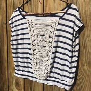 Blue and White Striped Crop-Top with Knit Back